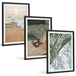 BILDER SET 3er Set - 40x60 cm Schwarzer Rahmen - Strandhut und Sonnenbrille