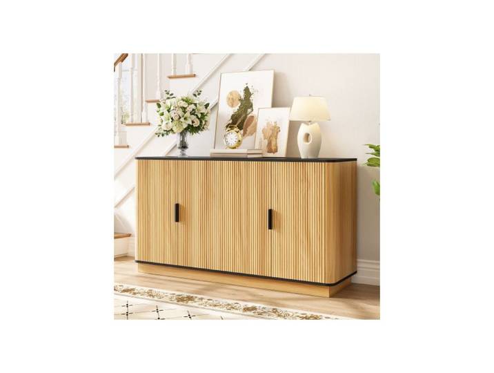 Buffet bas - WESTYLE - Design rainuré - 4 portes - Effet bois naturel - Poignées aluminium