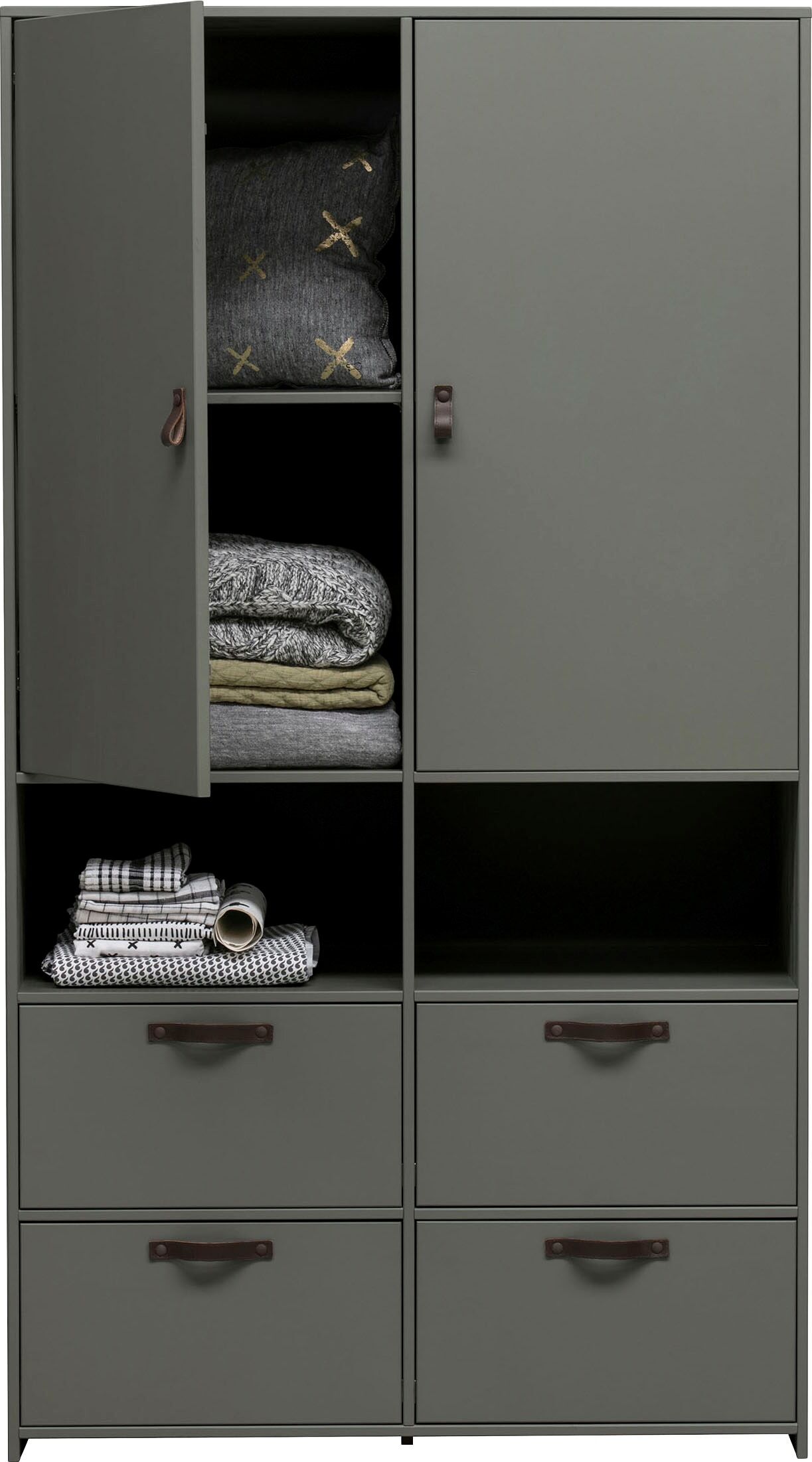 Garderobenschrank WOOOD "Stage FSC-Kiefernholz Schutzlackiert, H 185 x B 103 x T 40 cm", grün, Holzwerkstoff, Schränke, Garderobenschrank, Ledergriffe, kombinierbar, einfach zu montierbar, pfleigleicht grün Einheitsgröße