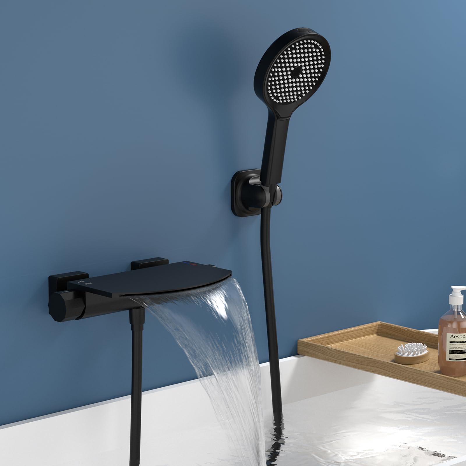 Wasserfall-Badarmatur schwarz, Messing, Wandmontage mit Handbrause