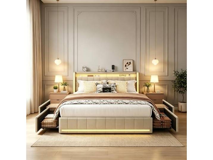 JiaOyu Polsterbett 180x200 cm mit USB-Ladefunktion & LED-Kopfteil, Stauraumbett mit 4 Schubladen, Jugendbett Doppelbett inklusive stabilem Lattenrost aus Holz, ohne Matratze (Beige, 180x200cm)
