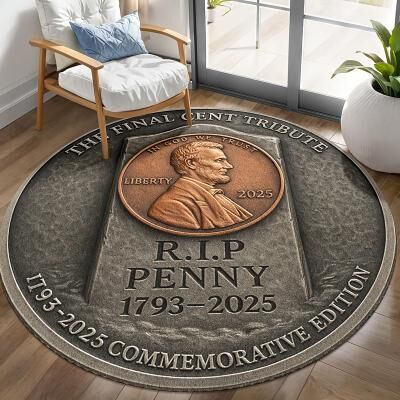 LightInthebox Round Area Rug Final Cent Tribute 1793-2025 Lincoln Memorial Coin Design Commemorative Penny Rug Historical U.S. Coin Theme Rare Collectors Edition Patriotic Souvenir Floor Decor