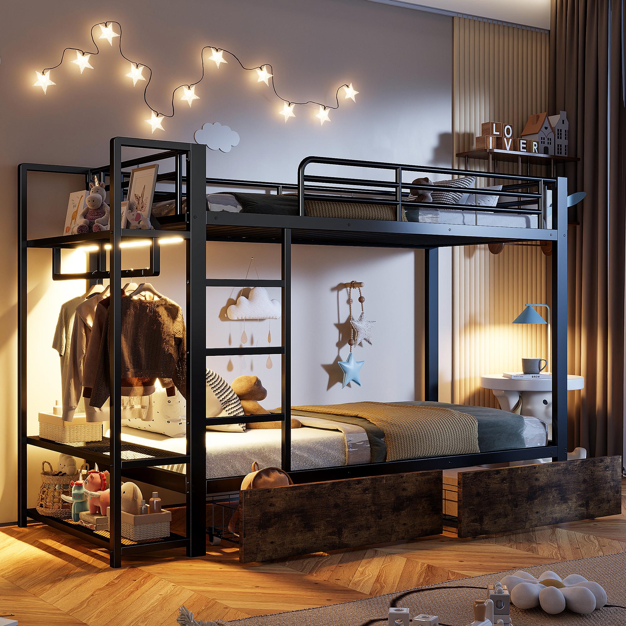 Merax Etagenbett 90x200 cm, Eisenrahmen Kinderbett mit LED-Licht, 2 Schubladen, Regale & Kleiderstange, Stockbett, Jugendbett, Schwarz