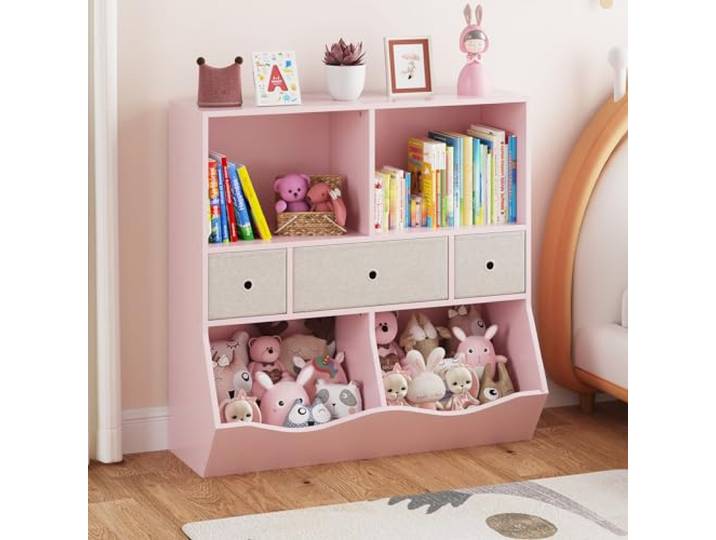 GarveeHome Multifunktionales Kinderregal für Bücher & Spielzeug 7 Fächer und 3 bewegliche Schubladen, robuste Konstruktion, perfekt für Kinderzimmer und Spielzimmer