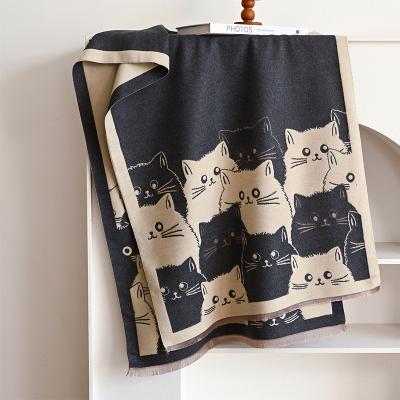 Silver Stone Store Cute Cat Ladies' Jacquard Pashmina Cashmere Scarf, Winter Thick Warm Shawl, Coldproof Windproof Blanket For Warmth gray