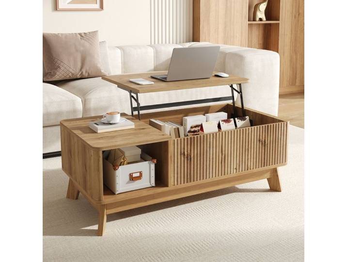 Bladez - Table basse relevable 95x48x50cm plateau ajustable motif vague rangement latéral ouvert - Naturel