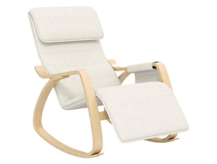 Fauteuil à bascule repose-pied réglable rangement bois tissu beige