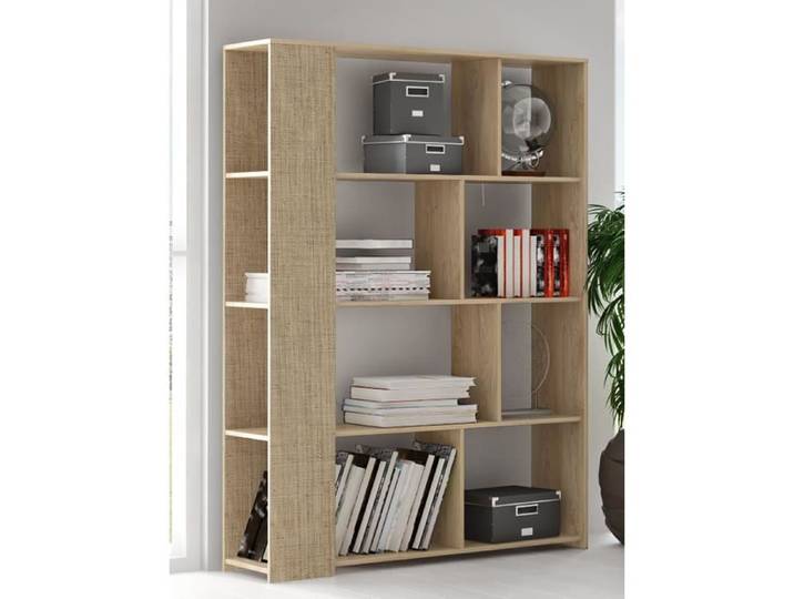 Bibliothèque PEGANE - Meuble étagère 8 niches - Chêne cambrian/effet textile - L129 x P32.8 x H174 cm