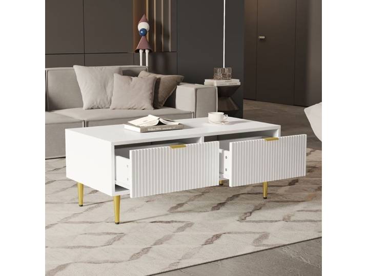 Table Basse Blanche et Dorée 2 Tiroirs à Façades Rainurées Plateau Inférieur 100x50x40cm Salon