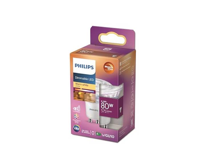 Philips Ampoule LED Classic GU10 Warm Glow\, 80 W\, spot LED réflecteur dimmable\, blanc chaud\, économe en énergie\, WarmGlow dimmable