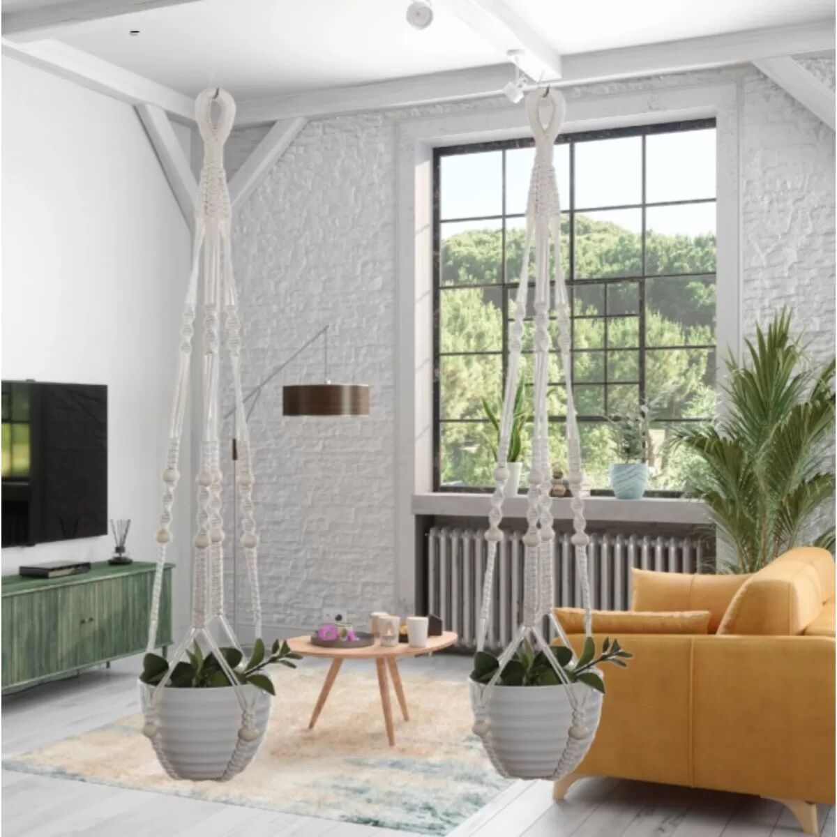INF Ensemble de 2 suspensions pour plantes en macramé beige - Support suspendu tissé à la main en corde de coton