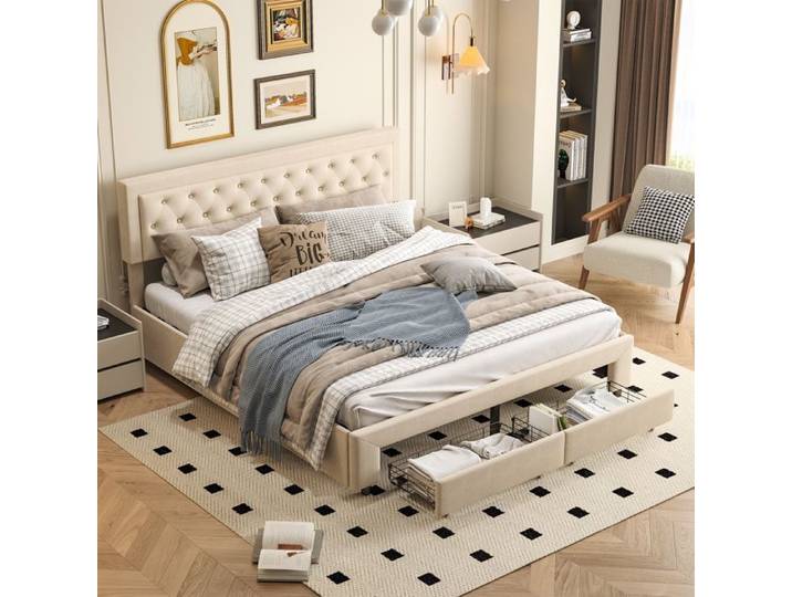 Lit coffre 180x200 cm - KILISKY - Beige - Tête de lit capitonnée - 2 tiroirs - Bois massif