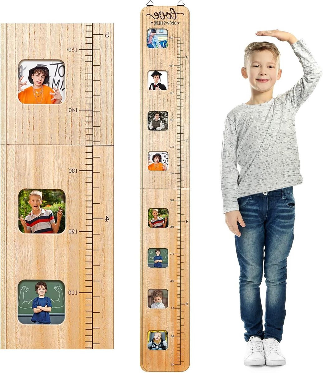 Houten groeigrafiek voor kinderen met fotolijsten - Hoogtemeter - Hoogte: 135 cm - Natuurlijk hout