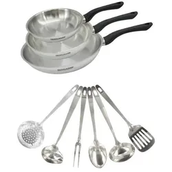Fackelmann Set aus 3 Edelstahl-Bratpfannen (20, 24 und 28 cm) und 6 Edelstahl-Küchenhelfern von, Pfannenset + Topfset, Silber