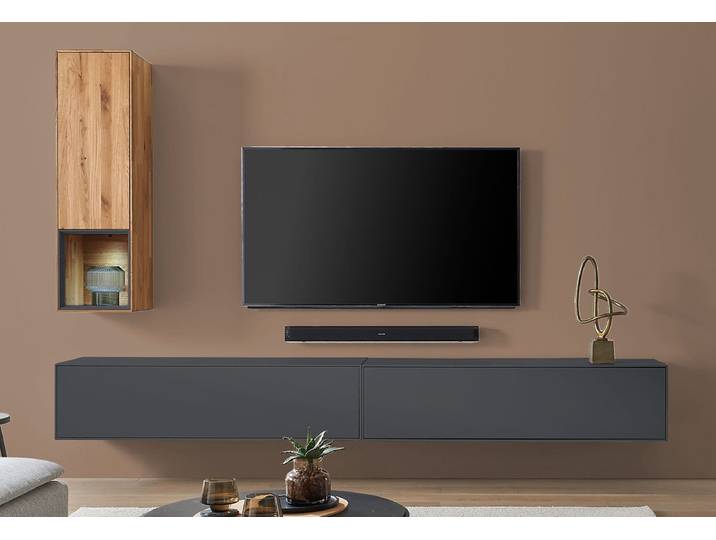 Wohnwand III 280cm 'Locarno' Wildeiche massiv & MDF anthrazit inkl.Beleuchtung