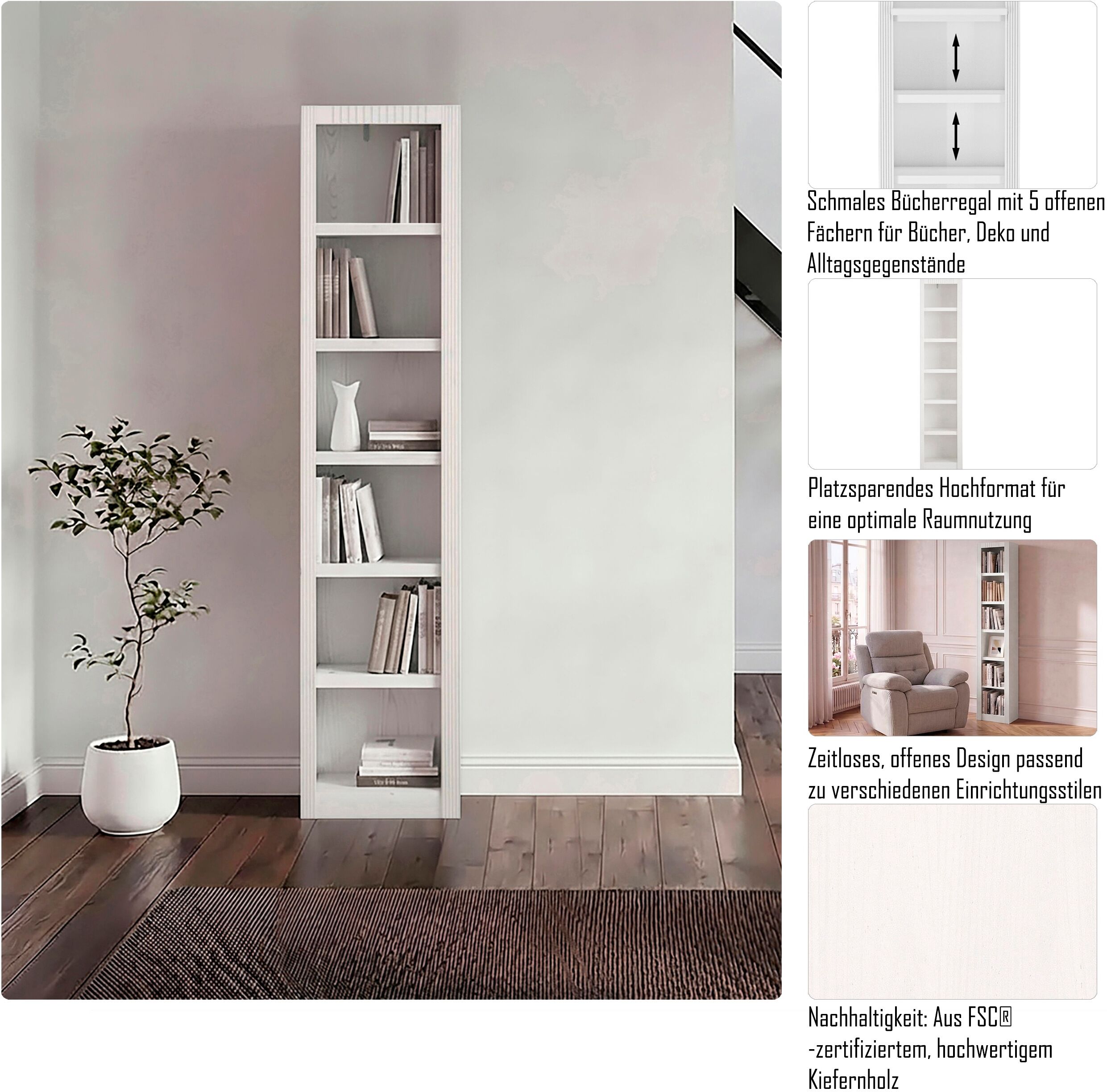 Regal OTTO HOME "Bergen", braun (dunkelbraun), B:47cm H:213cm T:27cm, Massivholz, Regale, Regal, in unterschiedlichen Farbvarianten, Breite 47 cm