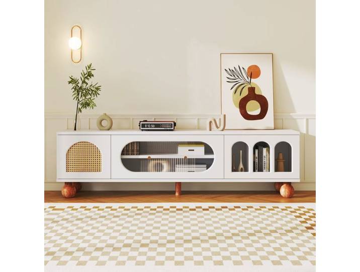 Plaque épaissieNouveau mobilier TV Premium sense meuble TV porte en rotin porte coulissante en verre trois zones voûtées ouvert