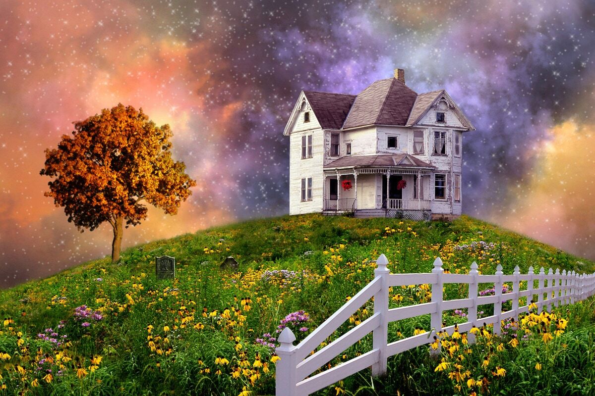 Fototapete PAPERMOON "SURREAL-FANTASY WOLKEN STERNE HIMMEL BLUMEN LANDSCHAFT", bunt, B:4,5m L:2,8m, Vlies, Tapeten