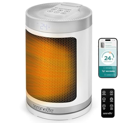 SereneLife Slimme Draagbare Ruimteverwarmer 1500W, PTC Keramisch, met WiFi-thermostaat en Afstandsbediening, Wit