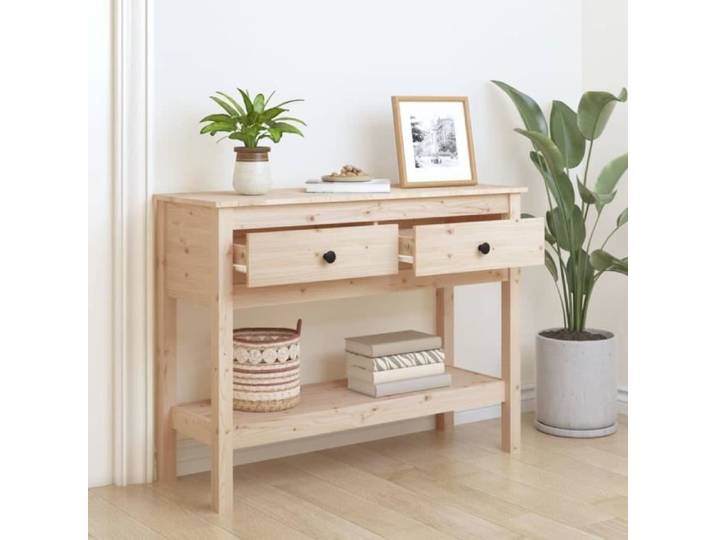 Table console - AKOZON - 100x35x75 cm - Bois massif de pin - 2 tiroirs - Design rustique