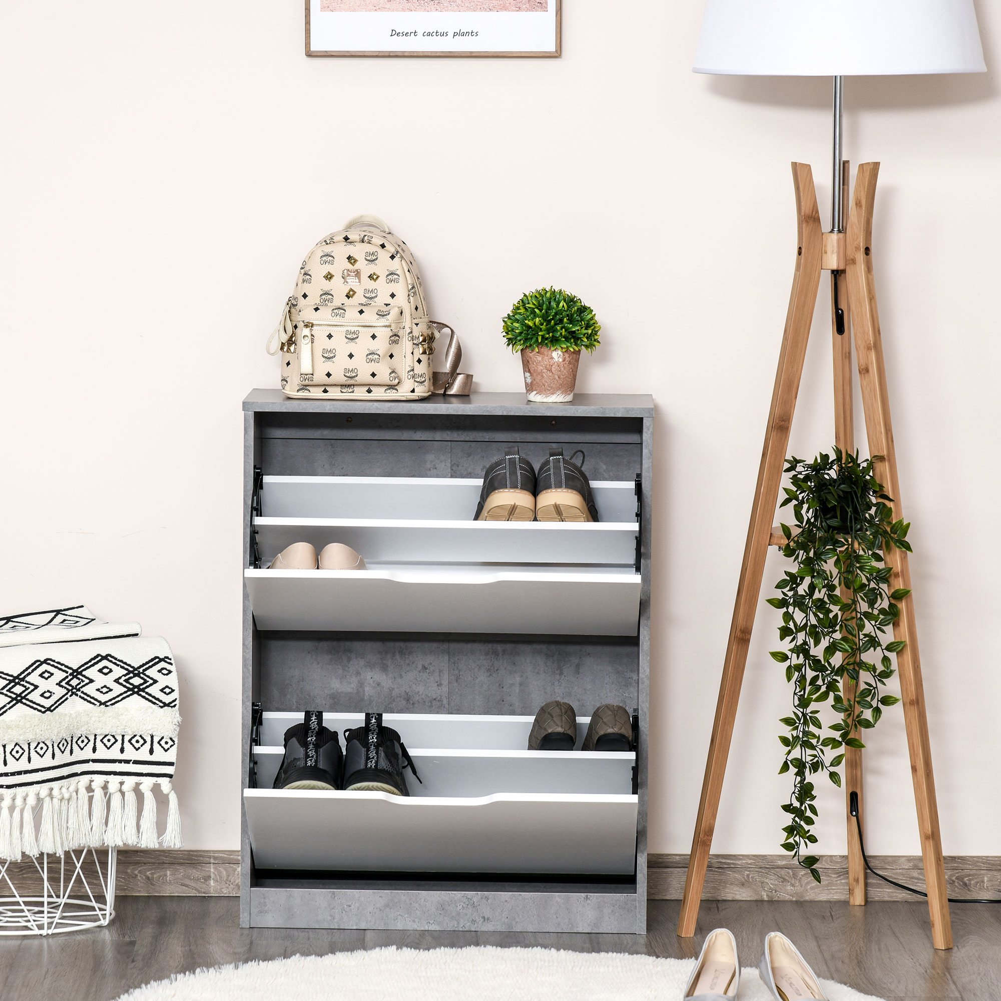 Homcom Scarpiera Ingresso a 2 Scomparti con Ripiani Interni, Salvaspazio, in Legno, 62.5x26x81cm, Grigio e Bianco   Aosom