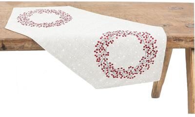 Manor Luxe "Holly Berry Wreath Christmas Table Runner 16""x36"", Linen Blend"