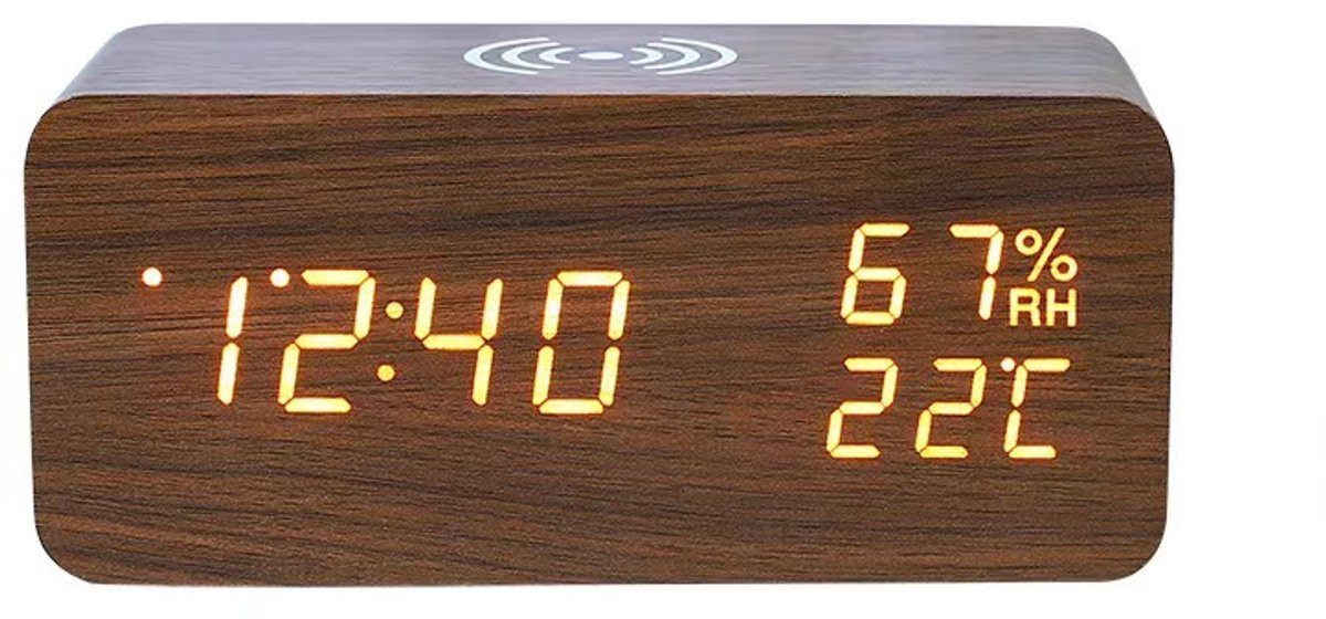 Houten Digitale Wekker met Draadloos Opladen en Weerstation voor Binnen