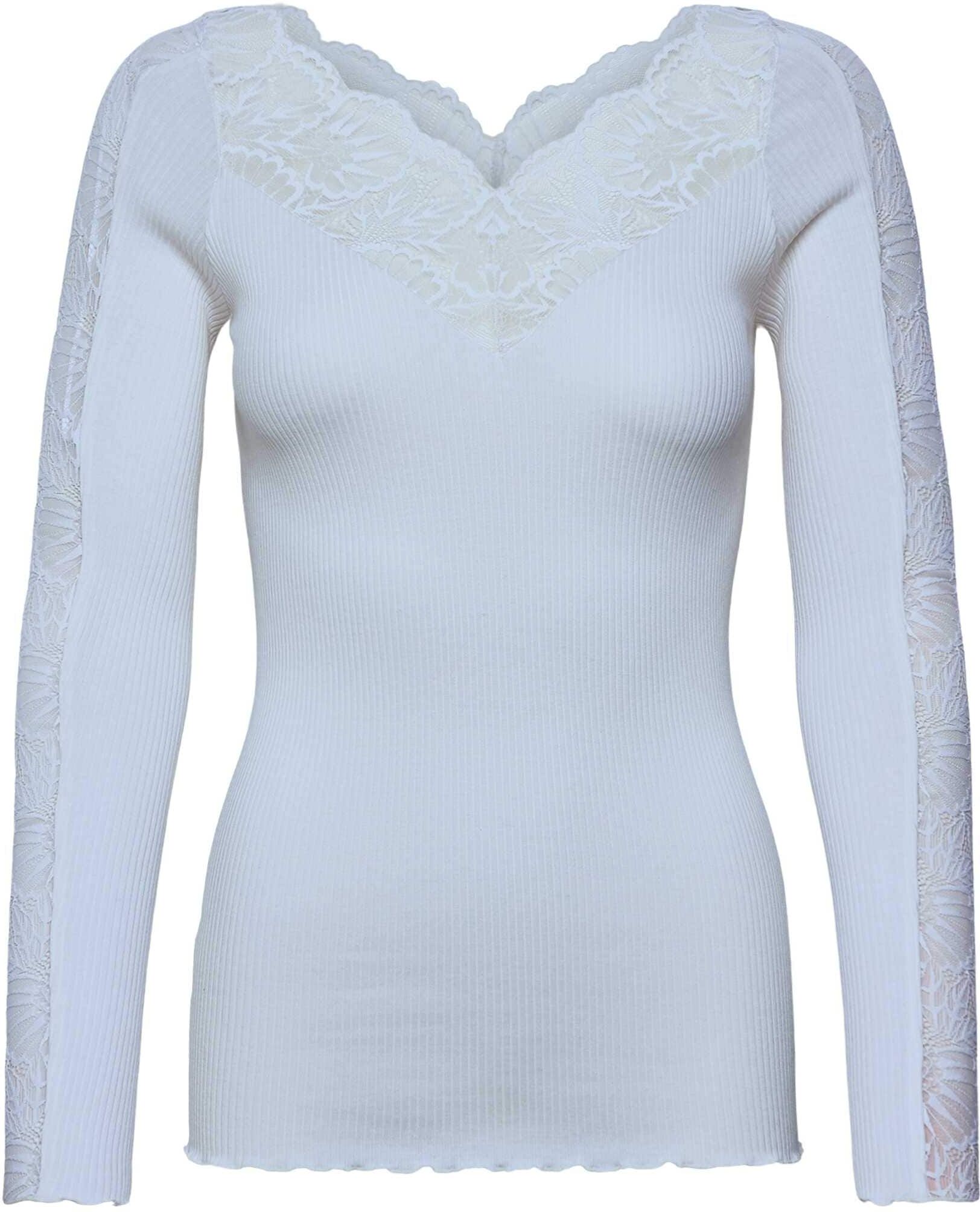 Spitzenshirt ROSEMUNDE "Beatha lace longsleeve mit Seide", Damen, Gr. L, weiss (nantucket blau), Rippstrick, Obermaterial: 55% Seide, 45% Baumwolle, figurbetont hüftlang, V-Ausschnitt, Shirts Spitzenshirt, elastisch weiche Vintage-Spitze am Ausschnitt und
