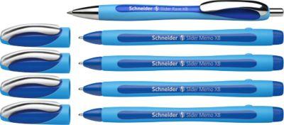 Kugelschreiber Etui Schneider, 4 x Slider Memo XB Schreibfarbe blau + 1 x Slider Rave XB Schreibfarbe blau, dokumentenecht, ViscoGlide®-Technologie