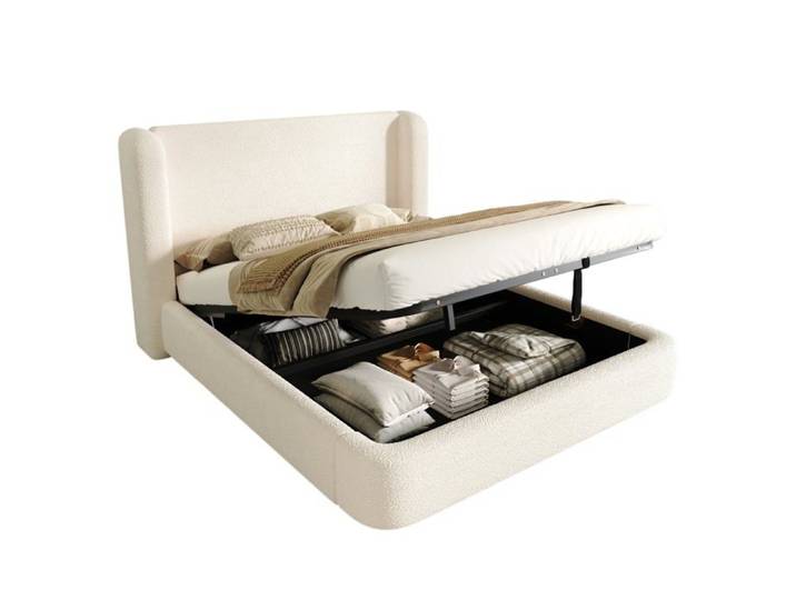 Lit capitonné Logidon lit double 160x200 bouclé beige avec rangements