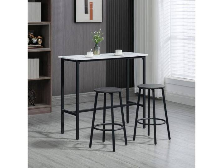 ROVRYN Ensemble table de bar 3 pièces avec 2 tabourets plateau effet marbre acier blanc