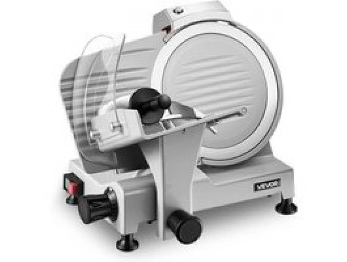 VEVOR Gewerbliche Fleischschneidemaschine 300 W, Elektrische Aufschnittmaschine mit Abnehmbarer 25 cm Kohlenstoffstahl-Klinge, 0–12 mm Schnittdicke, für Gefrorenes Fleisch, Schinken, Baguette, Steak