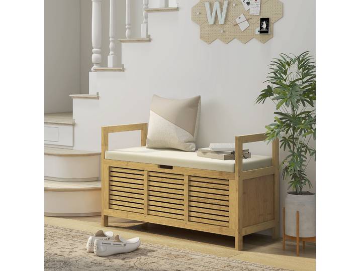 HOMCOM Banc Rangement Caché Coussin Accoudoir Bois Naturel