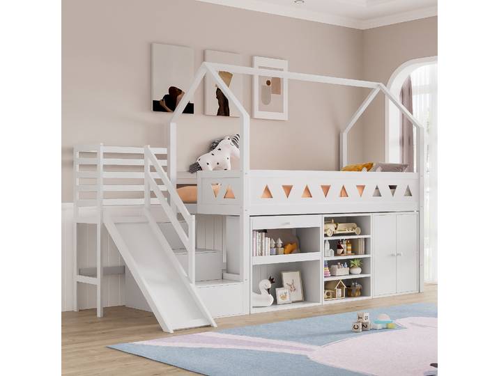 Lit Mezzanine Enfant Multifonction 90x200 Cm Lit Cabine Avec Toboggan Escalier De Rangement Tiroirs Et Placard Bois Massif Blanc