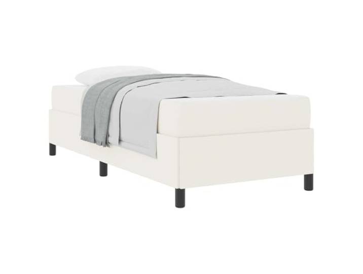 KKgypkn Bettrahmen mit Matratze Creme 90 x 200 cm Stoff, modernes Bettgestell mit Taschenfederkernmatratze, mittelfeste Matratze inklusive, weiße Stoffakzente, robuste Kunststofffüße