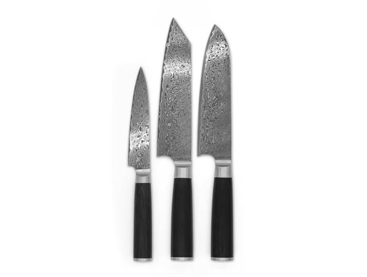 FIVI Damastmesser Set 3-teilig AKIRA, YUNO, SANJI Profi Küchenmesser Set aus VG10 Damaszenerstahl (60 HRC) mit Pakkaholz Griff Santoku, Kiritsuke & Officemesser