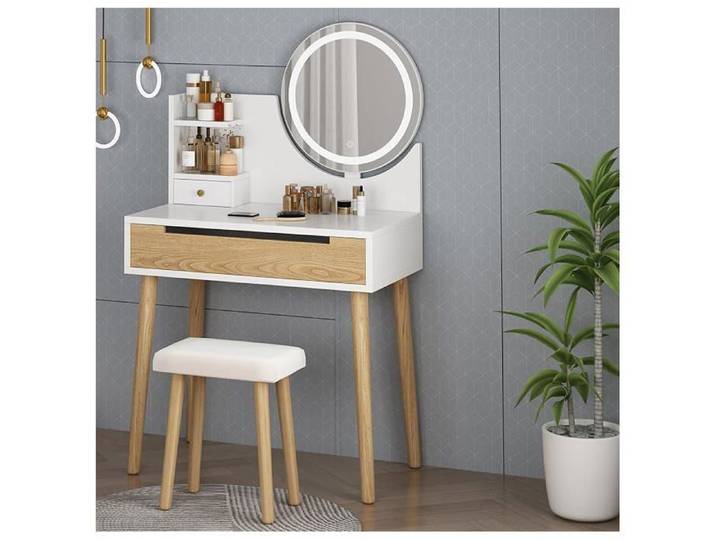 Coiffeuse compacte Miroir Rond Station Charge USB Tabouret