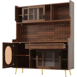 OKWISH Buffetschrank MDF Braun 145x39x171 cm mit LED-Lichtleiste, App-Steuerung, Lochplatte und Anti-Kipp-Sicherung
