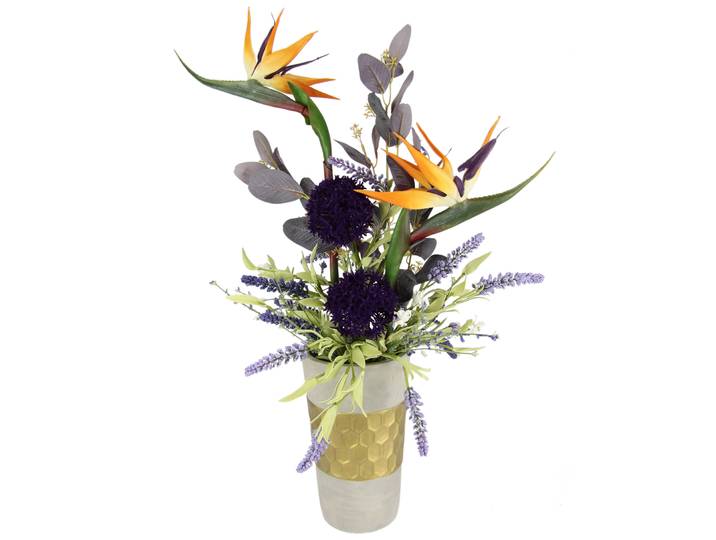 Kunstblume I.GE.A. Gesteck aus Strelitzie, Allium und Lavendel , orange, B:34cm H:70cm L:30cm, Polyester, Kunstpflanzen, Kunstblume