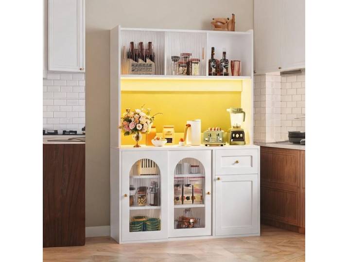 Buffet haut polyvalent blanc avec LED portes vitrées et étagères réglables 120x35x167 cm