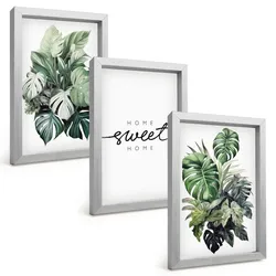BILDER SET 3er Set - 20x30 cm Silberner Rahmen - Pflanzen mit der Aufschrift „Sweet Home“