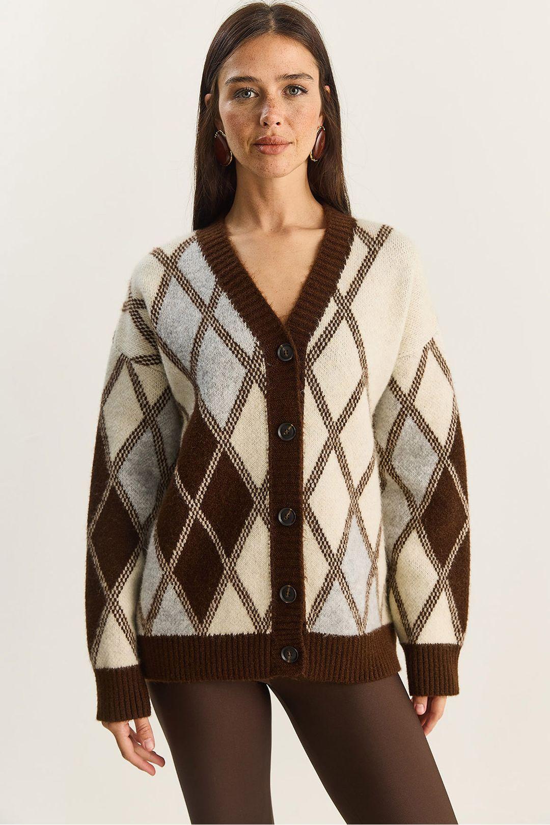 Dicker Jacquard-Strickcardigan mit V-Ausschnitt und Knopfverschluss