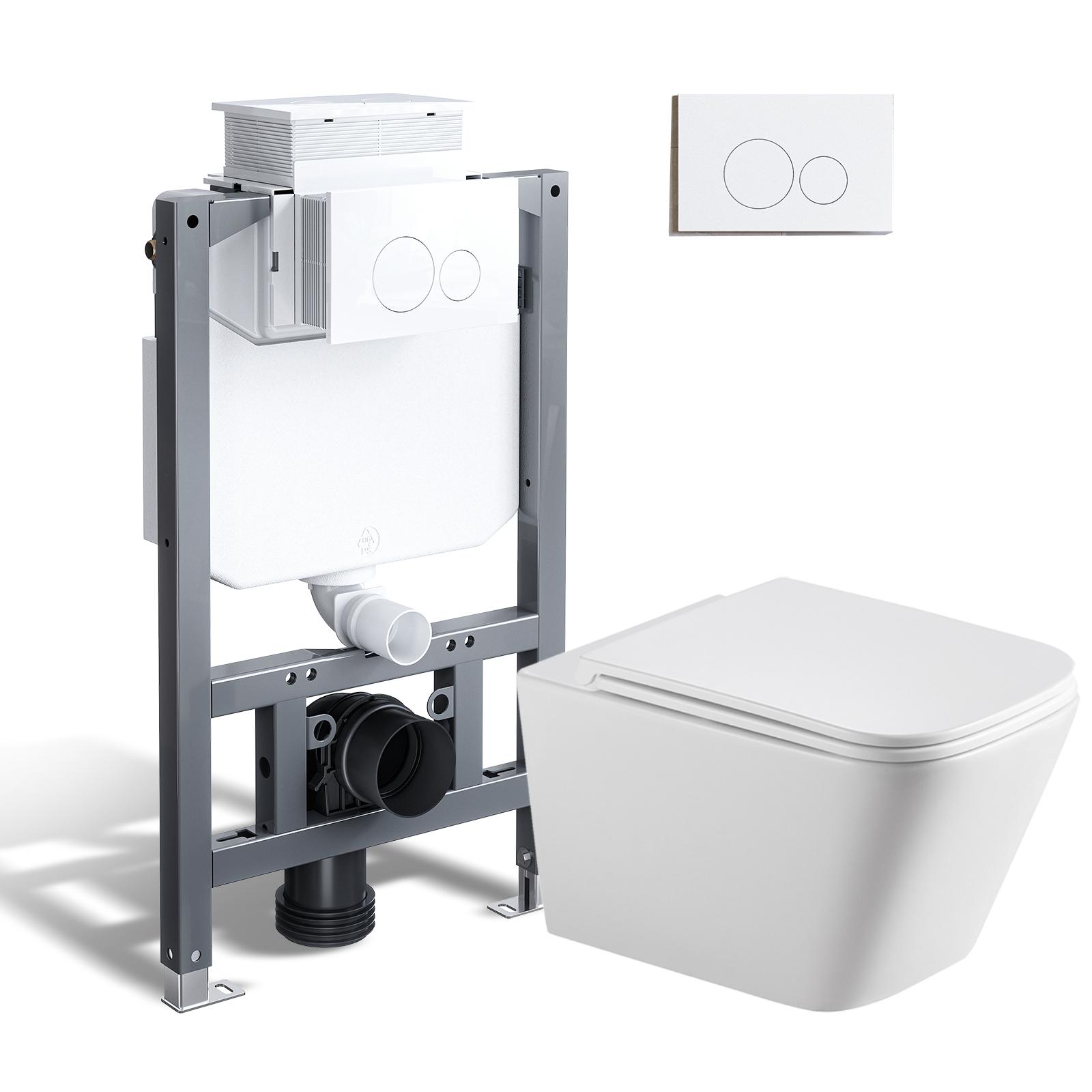 HOROW 82cm Vorwandelement Spülrandlose Toilette Set - Unterputz Spülkasten + Wand WC + weiß round Drückplatte