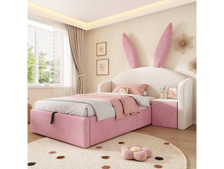 Lit enfant capitonné - JAERLIUB - 206x149x143 cm - 90x190 cm - Velours beige - Coffre hydraulique