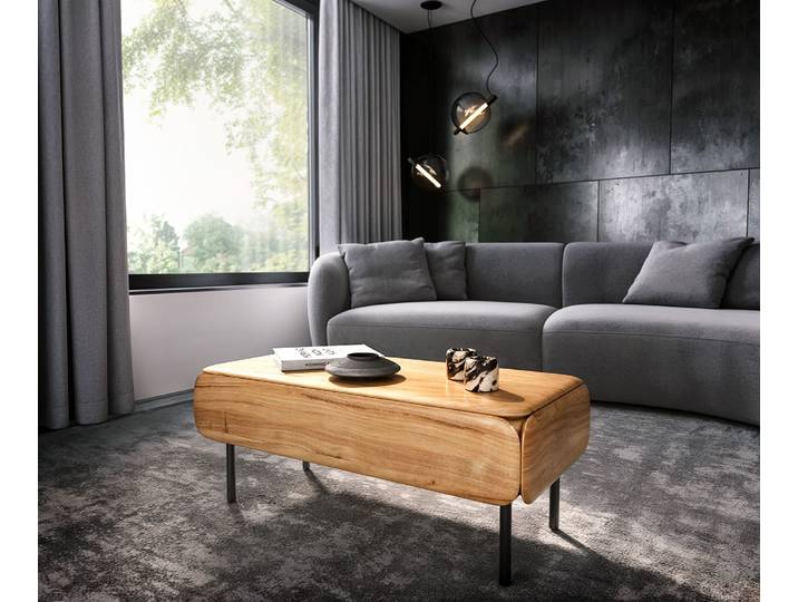 Table basse Shavani 100x50 cm acacia naturel 1 tiroir abattantes métal noir