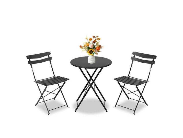 3 Piece Ensemble Table Bistro Pliable Métallique Table Compacte + 2 Chaises Pliantes pour Balcon Terrasse Jardin