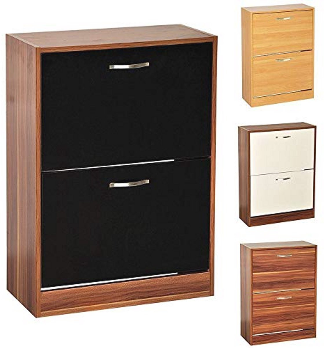 Houten schoenenkast met 2 lades in walnoot en wit