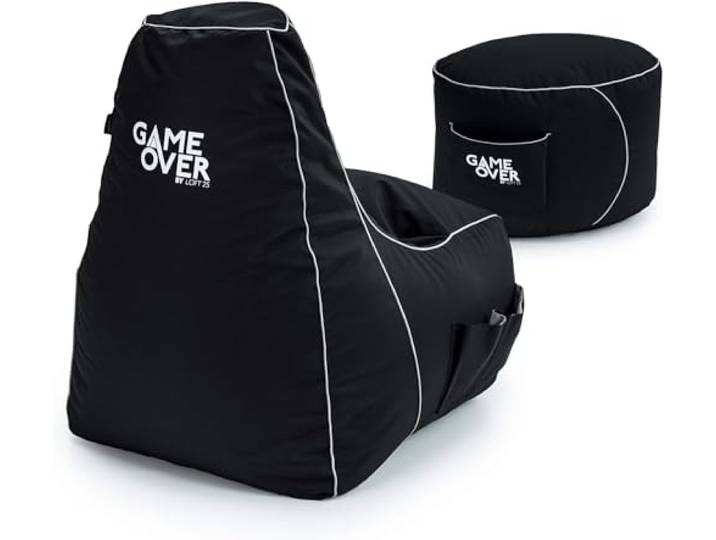 Game Over Video Gaming Sitzsack Spielen Stuhl und Fußhocker Drinnen Draußen Wasserbeständig Bean Bag Seitentaschen für Controller Headset Halter Ergonomisches Design (Kosmischer Rauch)
