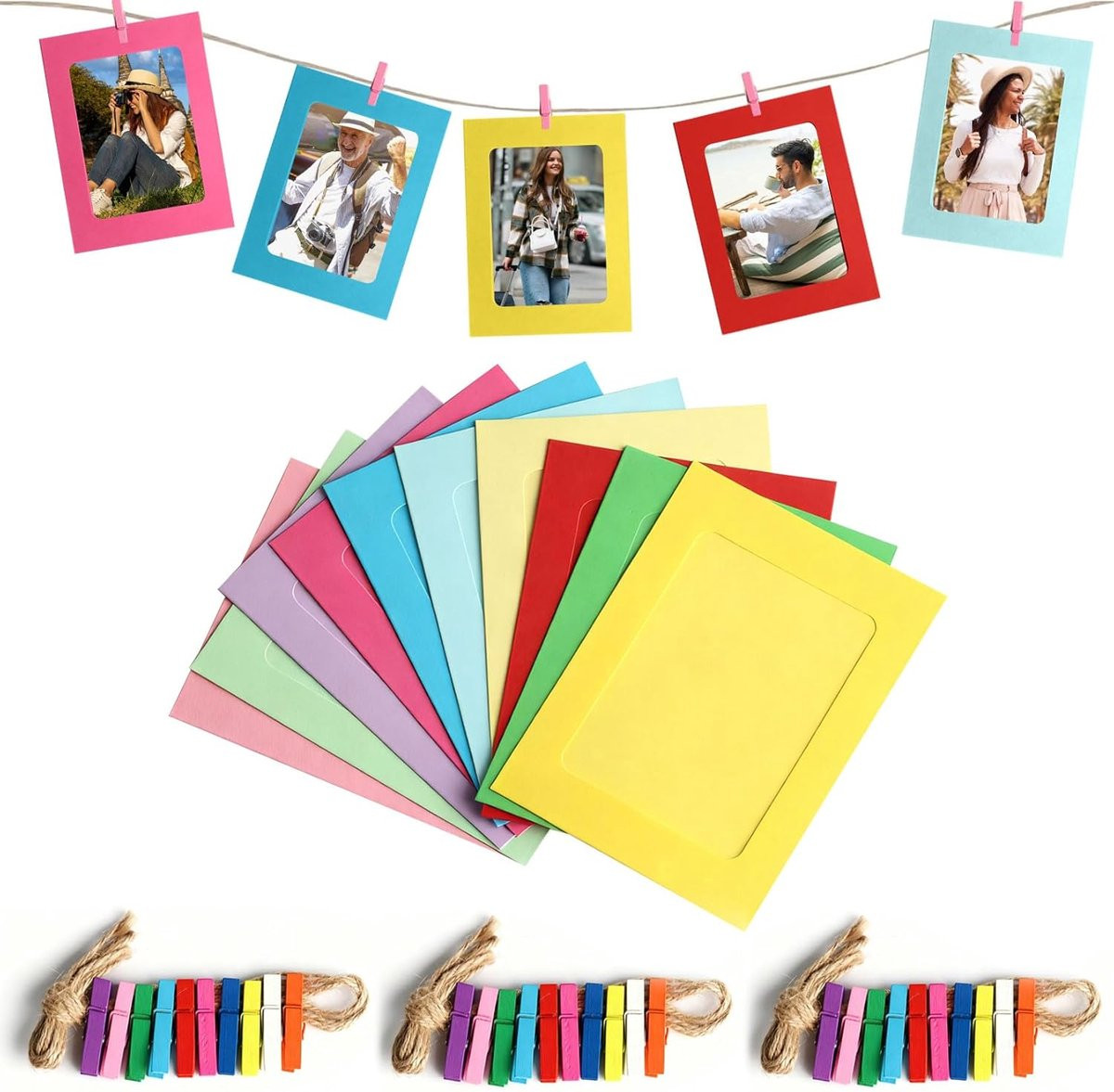 Kraftpapier fotolijsten met houten clips en hennep touw voor wanddecoratie, Veelkleurig