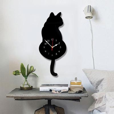 Snug & Styled Cute Cat Wall Clock With Swinging Tail Battery Operated Acrylic Wall Decor black